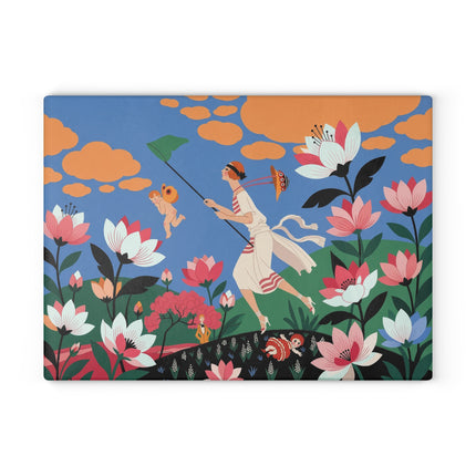 🌸🦋 The Butterfly Chase Garden Glass Cutting Board – Art Deco Whimsical Floral Elegance