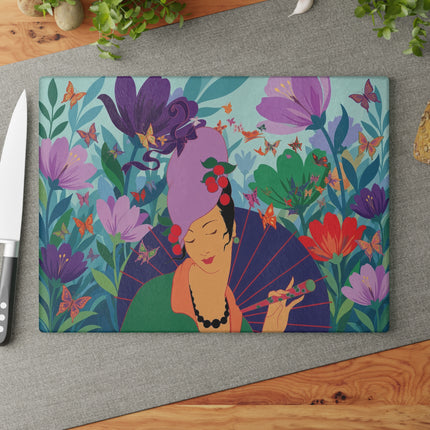 🦋🌺 The Butterfly Garden Dreamer Glass Cutting Board – Art Deco Floral Fantasy