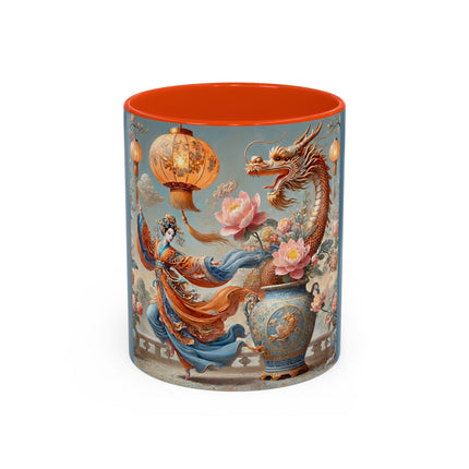 Golden Dragon & Lantern Lady Colorful Mug – Imperial Dragon & Elegant Harmony