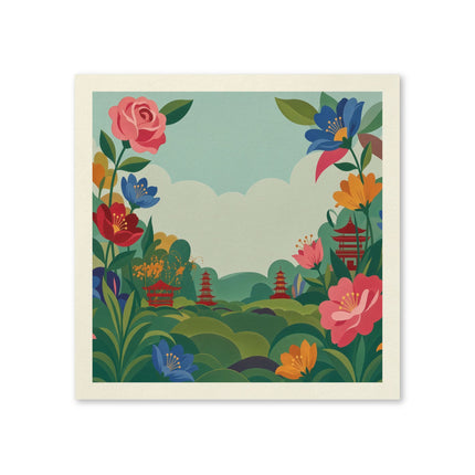 🌸🏯 The Enchanted Pagoda Flower Garden Napkins – Whimsical Oriental Botanical Art