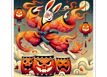 Jack-O’-Lantern Drums & The Kabuki Rabbit Kiss-Cut Stickers (4 Sizes)