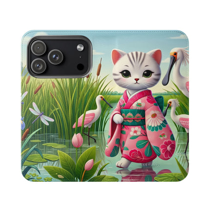 🦩🌸 Geisha Kitten Strolls Among the Spoonbills Flip Case – Serene Grace & Marshland Wonder