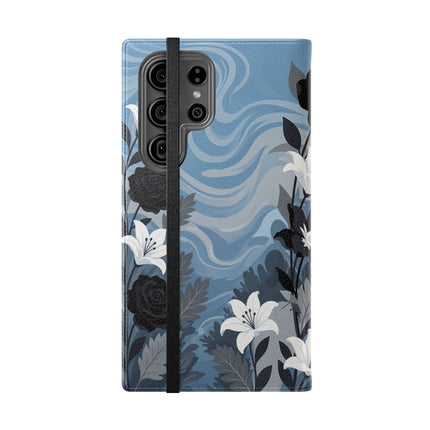 🖤🤍 The Lady Of The Black Rose Garden Flip Case – Art Deco Floral Elegance