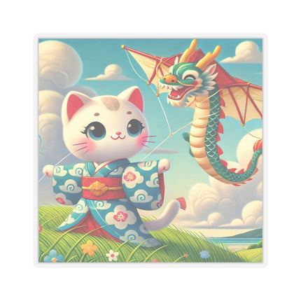 🪁🐉 Geisha Kitten and the Dragon Kite Kiss-Cut Sticker – Joyful Flight & Dragon Spirit