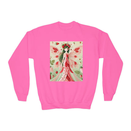 Strawberry Fairy Delight Youth Crewneck Sweatshirt – Sweet Magic, Nature & Whimsical Joy
