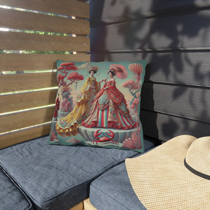 Cherry Blossom Courtesans & Crimson Crab Outdoor Pillows – Imperial Elegance & Playful Charm