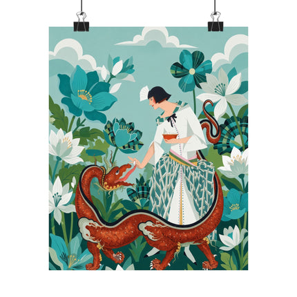 🐉🌿 The Lady Of The Enchanted Dragon Matte Vertical Poster – Art Deco Botanical Whimsy