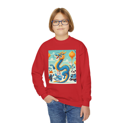 Blue & Gold Dragon Festival Parade Youth Crewneck Sweatshirt – Celebration, Color & Joyful Movement