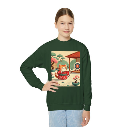 Archer Kitten in the Zen Garden Youth Crewneck Sweatshirt – Focus, Calm & Playful Precision
