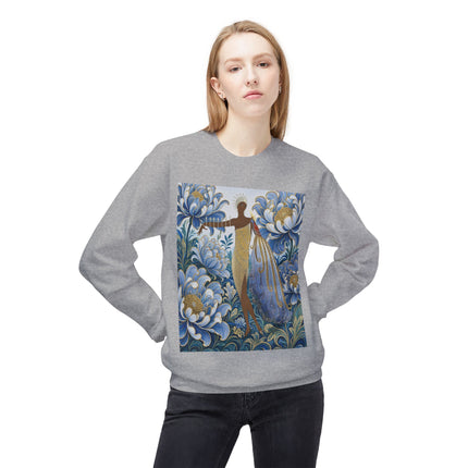 💙✨ The Lady Of The Gilded Blue Blossom Garden Midweight Crewneck Sweatshirt – Art Deco Floral Elegance