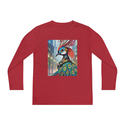 Techno Plumes Youth Long Sleeve Competitor Tee – Futuristic Elegance & Neon Feathers