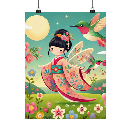 🧚🌺 Geisha Fairy and the Hummingbird Blossom Matte Vertical Poster – Grace, Wonder & Floral Magic