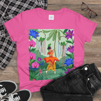 🌺🦜 The Tropical Garden Serenade Cotton Tee – Colorful Art Deco Fantasy