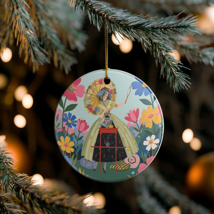 🌸🪞 The Floral Parasol Reflection Ceramic Ornament – Art Deco Garden Fantasy