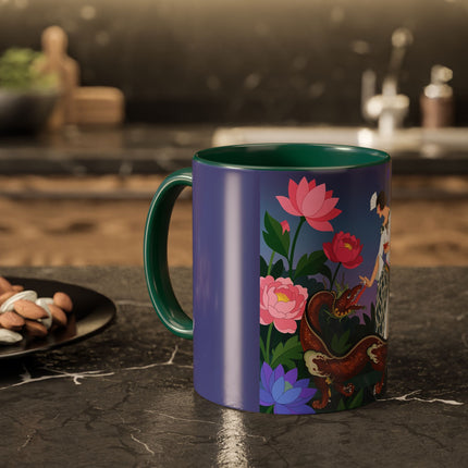 The Lady And The Garden Dragon Colorful Mugs – Art Deco Mythical Botanical Elegance