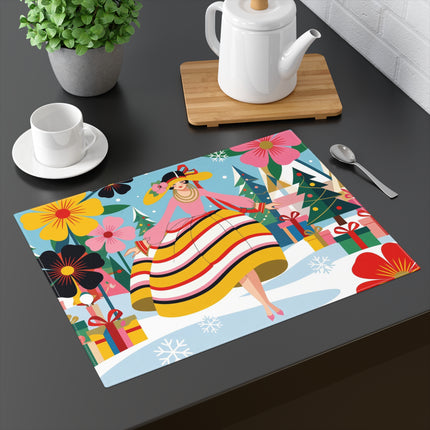 🌸🎄 The Lady Of The Striped Christmas Garden Placemat – Art Deco Holiday Whimsy