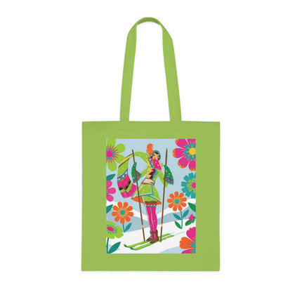 🎿🌸 The Winter Flower Adventurer Cotton Tote Bag – Colorful Skiing Fantasy