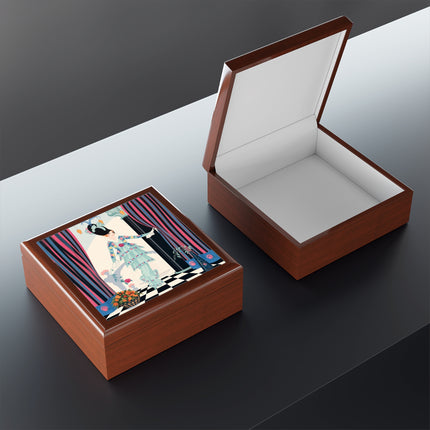 🌹🎭 The Lady Between The Curtains Jewelry Box – Art Deco Floral Theatre