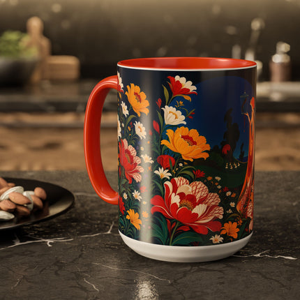 🌺🐦 The Enchanted Birdcage Garden Colorful Mug – Art Deco Floral Fantasy