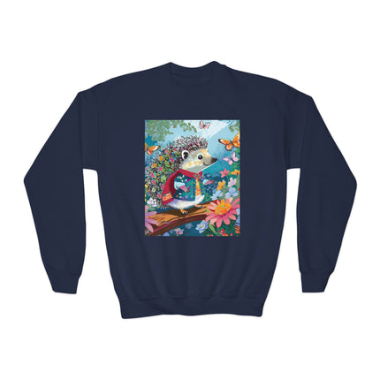 Cute Hedgehog Youth Crewneck Sweatshirt – Garden Adventure & Whimsical Charm