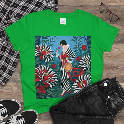 ❤️🌹 The Scarlet Striped Garden Cotton Tee – Art Deco Fashion Illustration