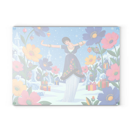 🌸❄️ The Lady Of The Enchanted Winter Garden Glass Cutting Board – Art Deco Holiday Fantasy