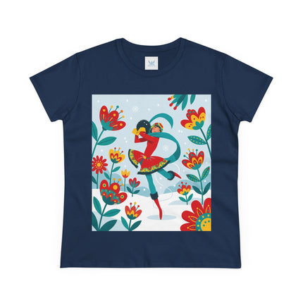 ⛸️🌺 The Winter Flower Skater Cotton Tee – Whimsical Winter Fashion