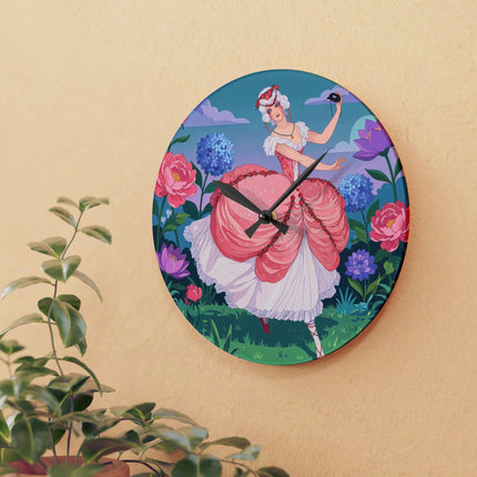 🌸🎭 The Rose Garden Masquerade Acrylic Wall Clock – Art Deco Floral Elegance
