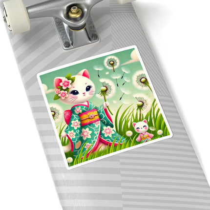 🌾🌼 Geisha Kitten and the Dandelion Wish Kiss-Cut Sticker – Gentle Wishes & Quiet Wonder