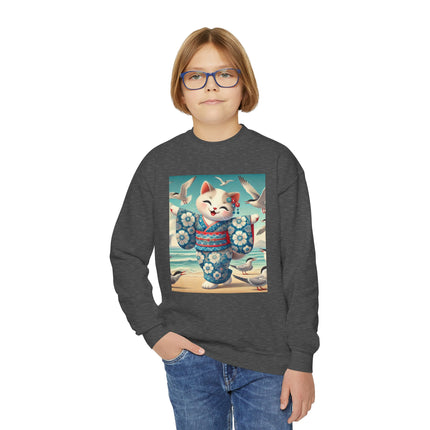 Geisha Kitten by the Seaside Youth Crewneck Sweatshirt – Coastal Charm, Joy & Whimsical Elegance