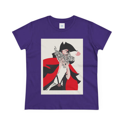 Crimson Masquerade Women's Midweight Cotton Tee – Dramatic Elegance & Art Deco Mystery