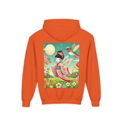 Geisha Fairy and the Hummingbird Blossom Youth Hooded Sweatshirt – Cozy Magic in Bloom