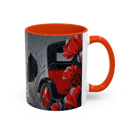 ☔🌹 The Scarlet Rainstorm Promenade Colorful Mug – Art Deco Motoring Elegance