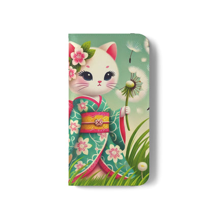 🌾🌼 Geisha Kitten and the Dandelion Wish Flip Case – Gentle Wishes & Quiet Wonder