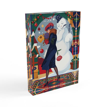 ☃️🎄 The Snowman's Christmas Companion Acrylic Art Block – Art Deco Holiday Fantasy