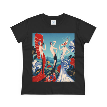 🌹🎭 The Three Ladies Of The Floral Promenade Cotton Tee – Art Deco Fashion Elegance