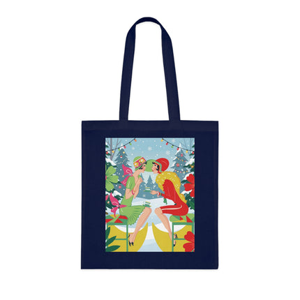 🎄☕ Christmas Tea In The Snow Garden Cotton Tote Bag – Art Deco Holiday Friendship