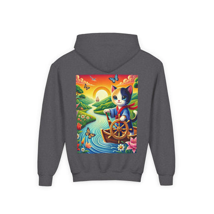 Sailor Kitten’s River Adventure Youth Hooded Sweatshirt – Playful Journey & Colorful Discovery
