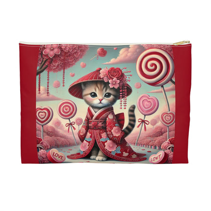 Whimsical Geisha Kitten in a Valentine Garden Accessory Pouch