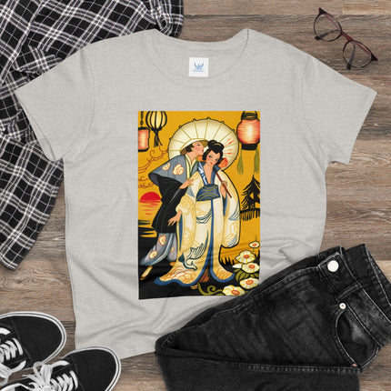 Golden Embrace: A Serene Moment of Love Women's Midweight Cotton Tee