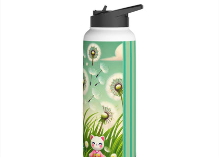 Geisha Kitten and the Dandelion Wish Stainless Steel Water Bottle, Standard Lid