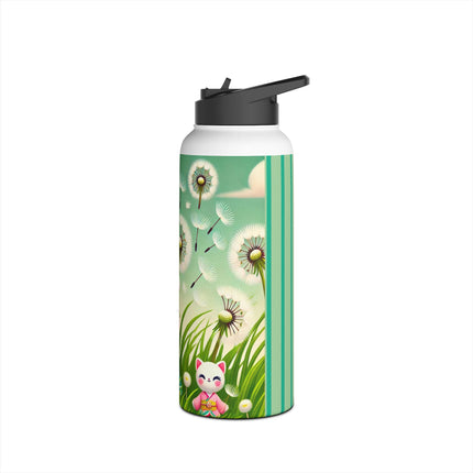 Geisha Kitten and the Dandelion Wish Stainless Steel Water Bottle, Standard Lid
