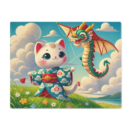 🐱🐉 Geisha Kitten and the Dragon Kite Placemat – Whimsical Japanese Skateboard Fantasy