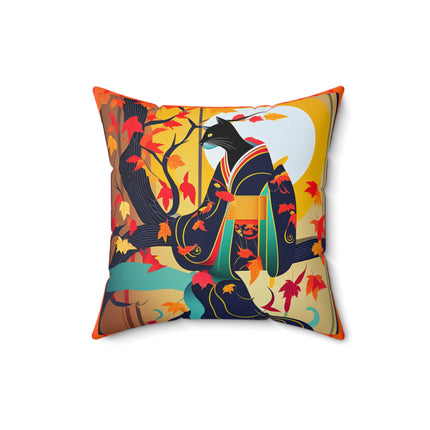 Black Cat in Kimono Spun Polyester Square Pillow