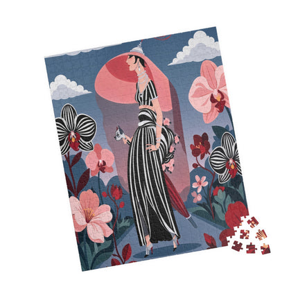 🌸🖤 The Striped Orchid Promenade Puzzle – Art Deco Floral Fashion
