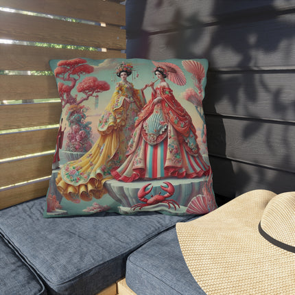 Cherry Blossom Courtesans & Crimson Crab Outdoor Pillows – Imperial Elegance & Playful Charm