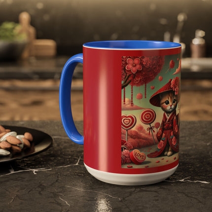 Whimsical Geisha Kitten in a Valentine Garden Colorful Mugs (11oz, 15oz)