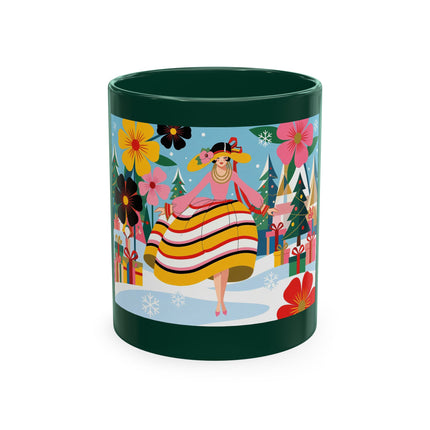 🎄🌸 The Lady Of The Striped Christmas Garden Ceramic Mug – Art Deco Holiday Whimsy