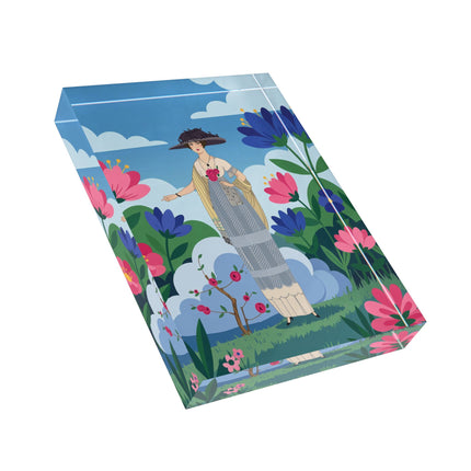 🌹🌤️ The Lady Of The Rose Garden Promenade Acrylic Art Block – Art Deco Fashion Illustration