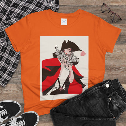 Crimson Masquerade Women's Midweight Cotton Tee – Dramatic Elegance & Art Deco Mystery